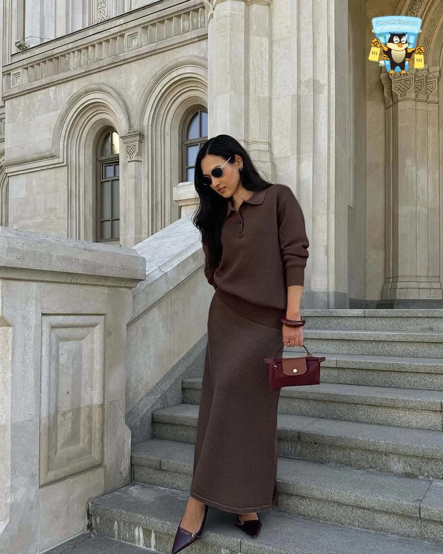 Winter Knitted Polo Sweater & Wide-Leg Pants Set for Women