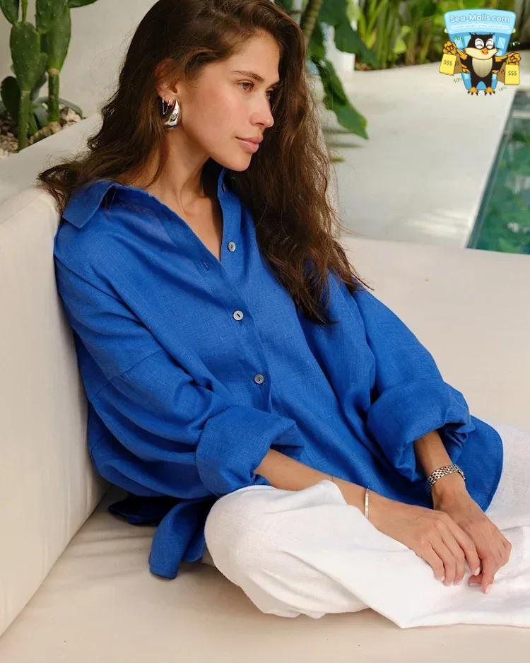 Women’s Linen Shirt Long Sleeve Oversize Vintage Spring Blouse