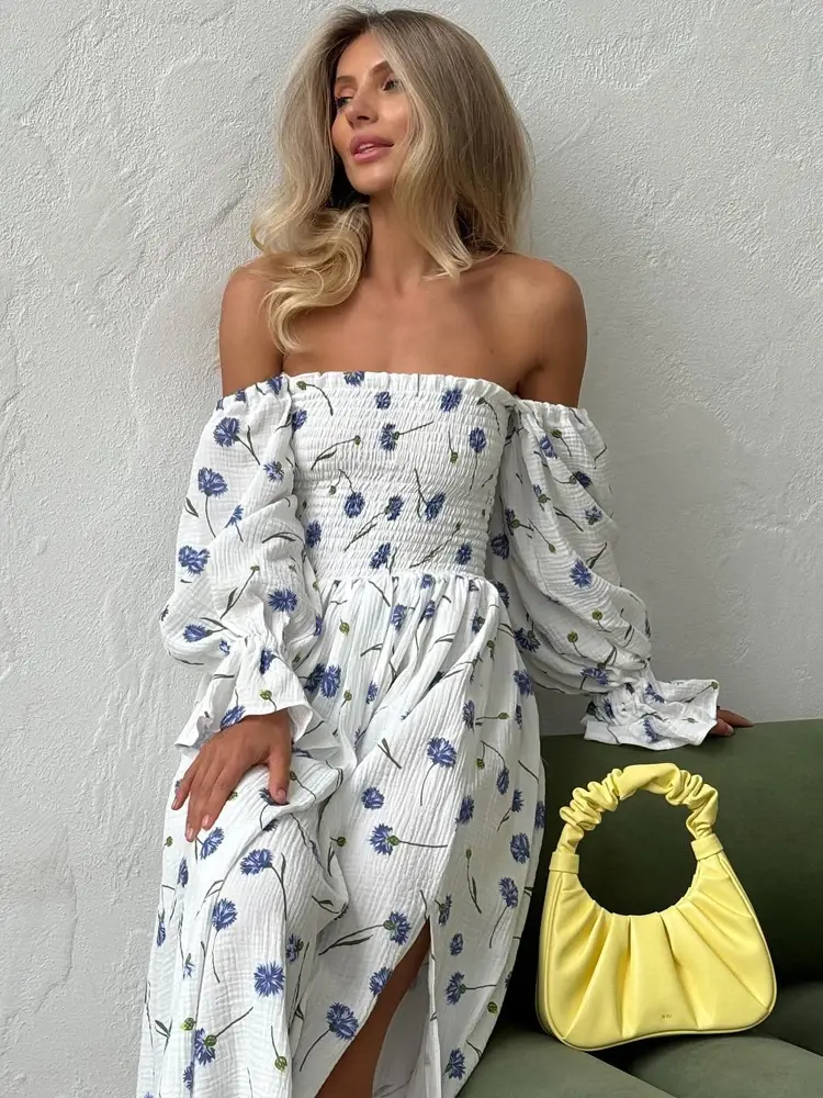Women’s Summer Cotton Dress Elegant Ruffle Midi Floral Print with Side Slits