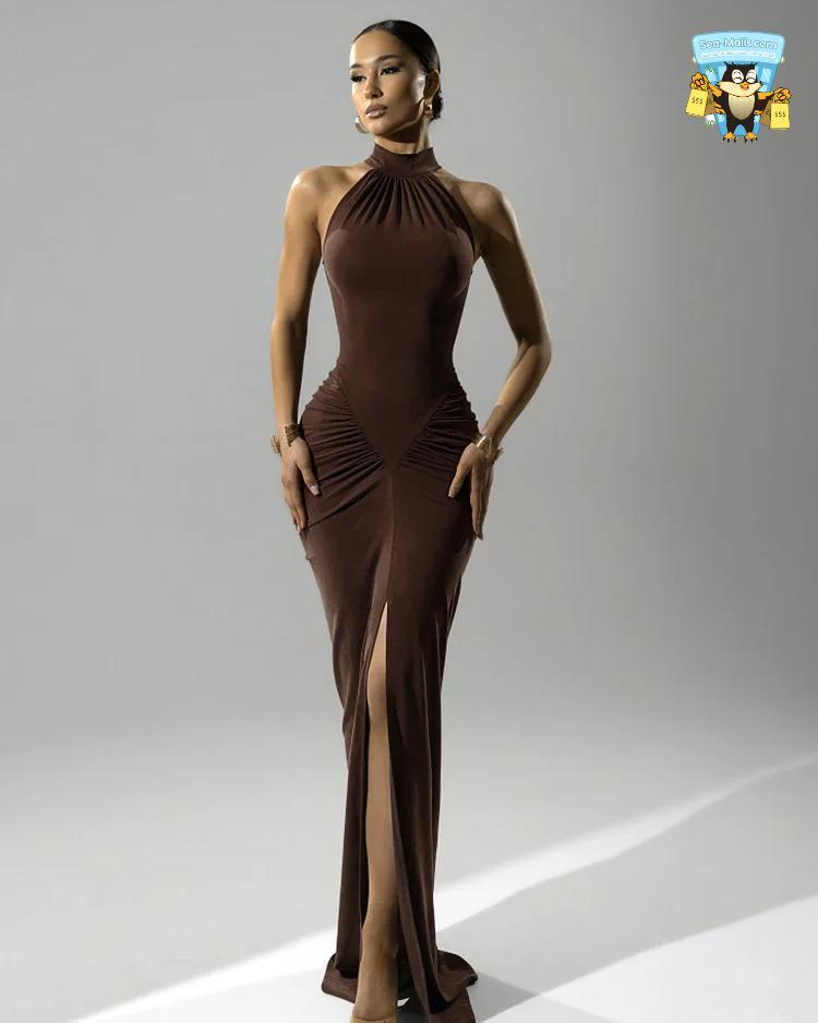 Halter Ruched Sleeveless Slim Fit Evening Maxi Dress