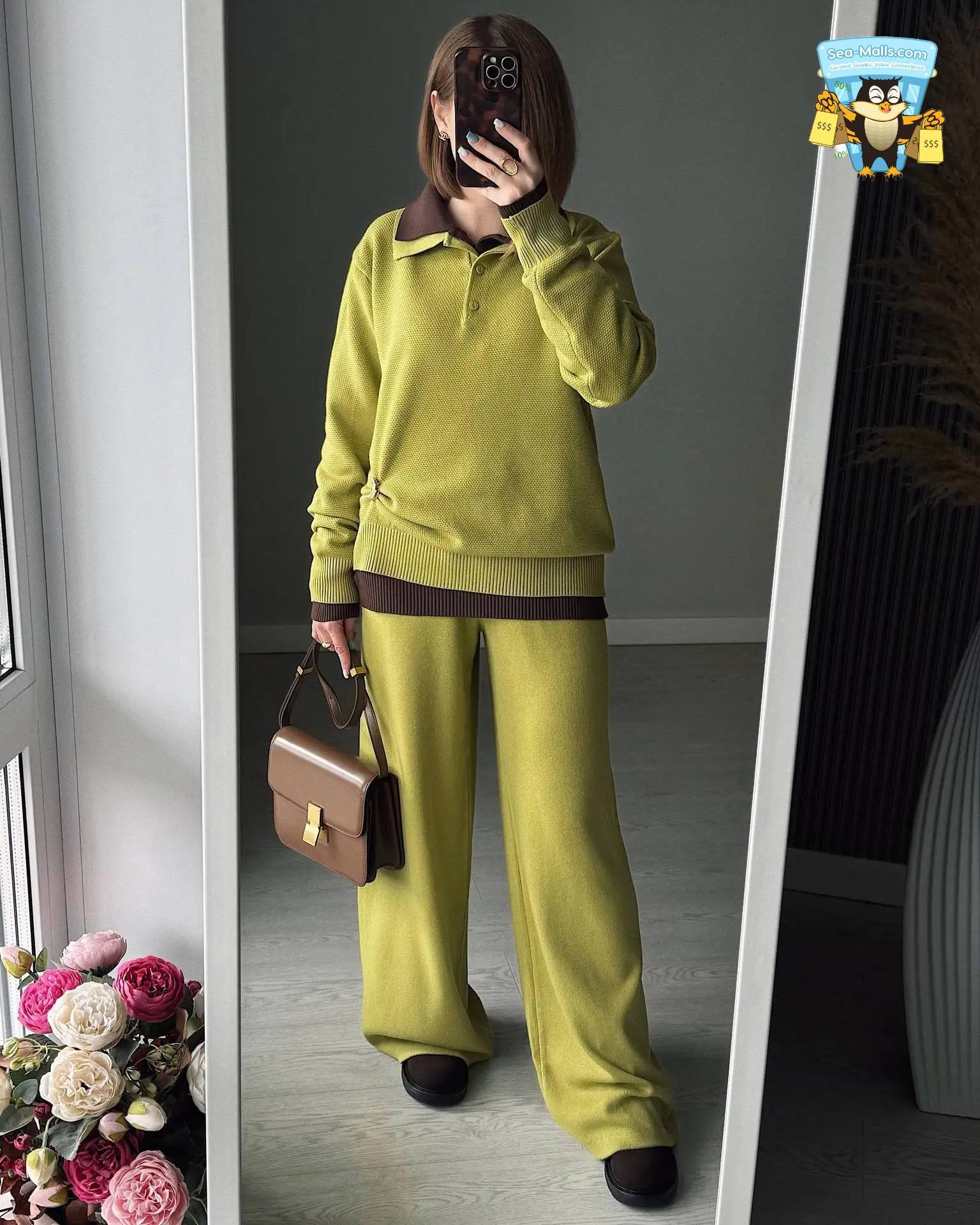 Winter Knitted Polo Sweater & Wide-Leg Pants Set for Women