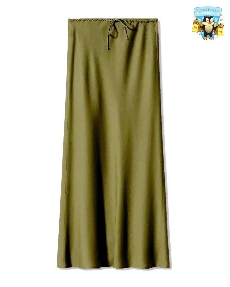 Solid Color Satin Long Skirt – High Waist Lace-Up A-Line Style