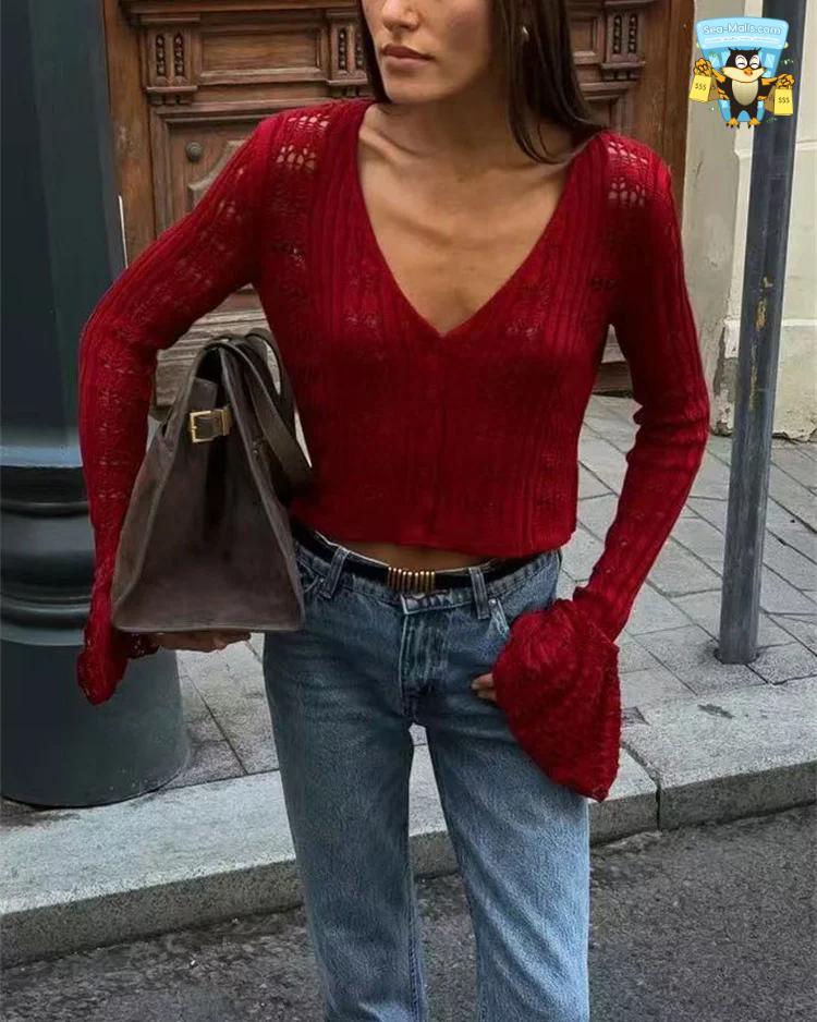 Knitwear Hollow Out Sweater Cardigan V-Neck Cropped Top