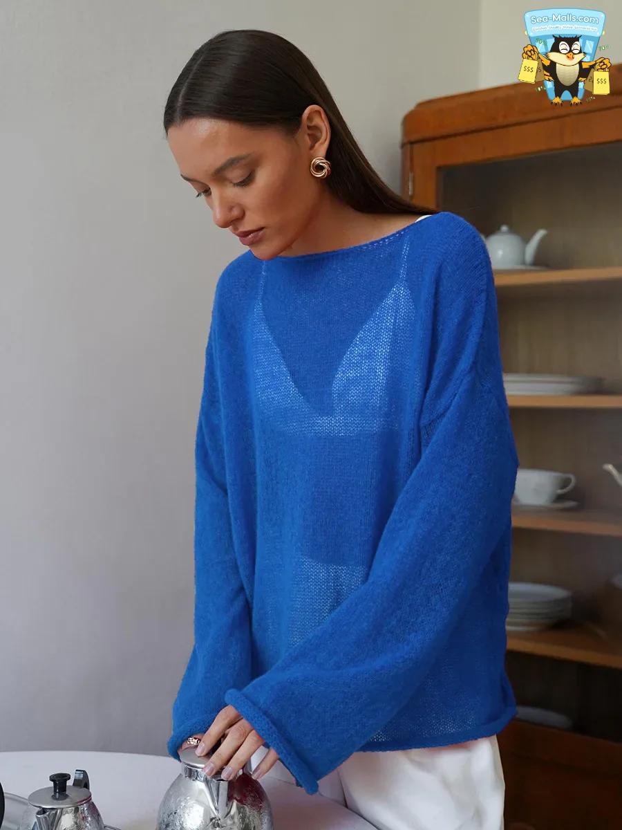 Women’s Hollow Knitted Sweater Pullover Loose Casual See-Through Long Sleeve Top