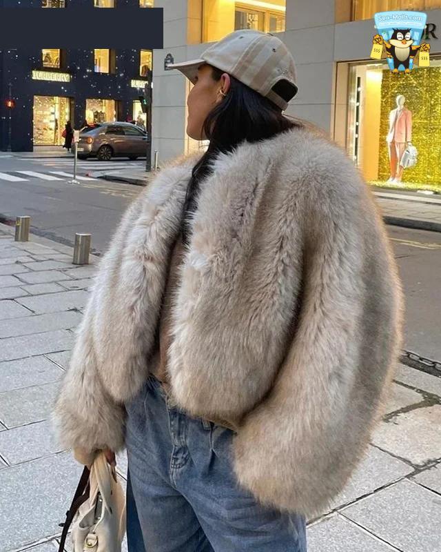 Gradient Cropped Faux Fur Coat Women Winter Luxury Streetwear