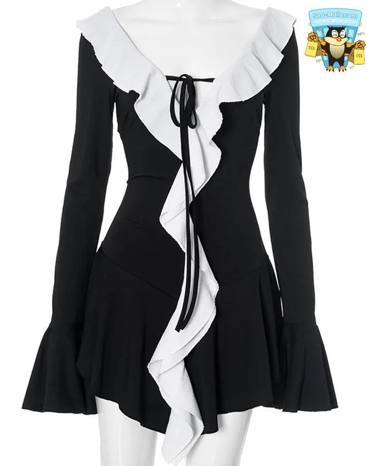 Ruffled Lace-Up V Neck Long Sleeve Summer Mini Dress