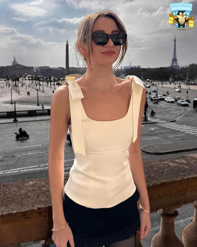 Women's Summer Elegant Square Collar Sleeveless Bow Sling Top with Side Zipper