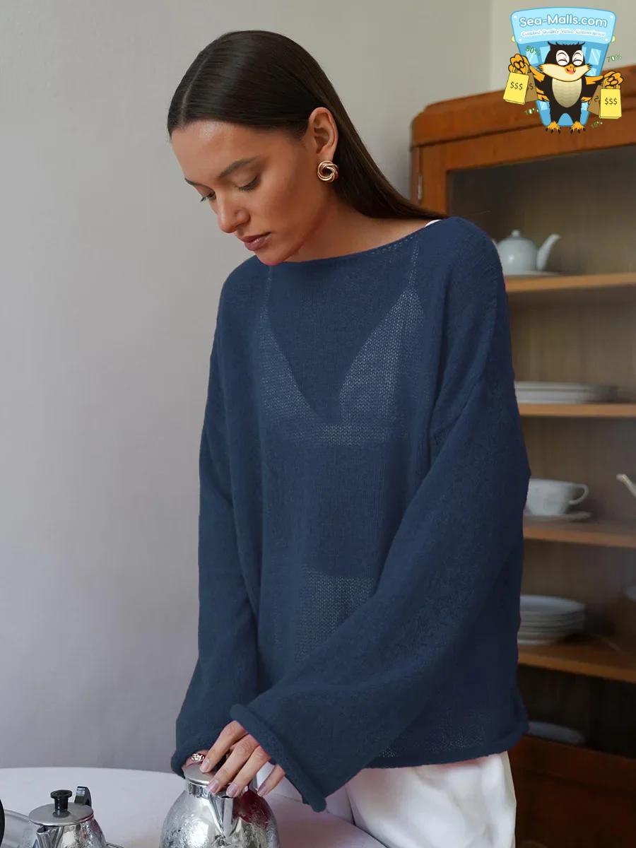 Women’s Hollow Knitted Sweater Pullover Loose Casual See-Through Long Sleeve Top