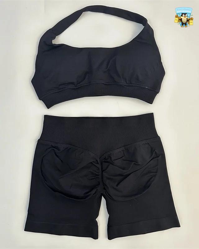 Yoga Shorts Set Seamless Scrunch Shorts Halter Sports Bra