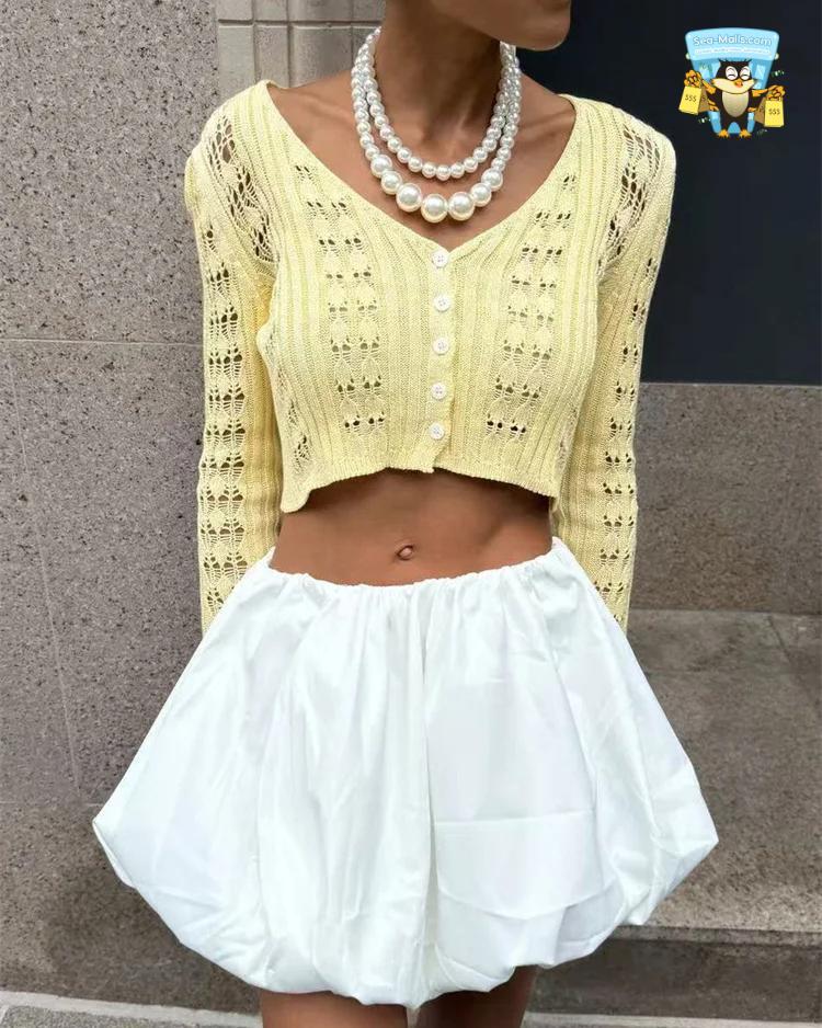 Knitwear Hollow Out Sweater Cardigan V-Neck Cropped Top
