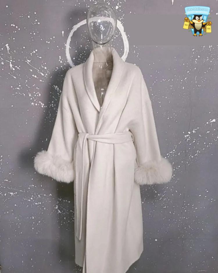 Women's Elegant Woolen Belted Coat with Fur Cuffs Long Sleeve Office Lady Overcoat