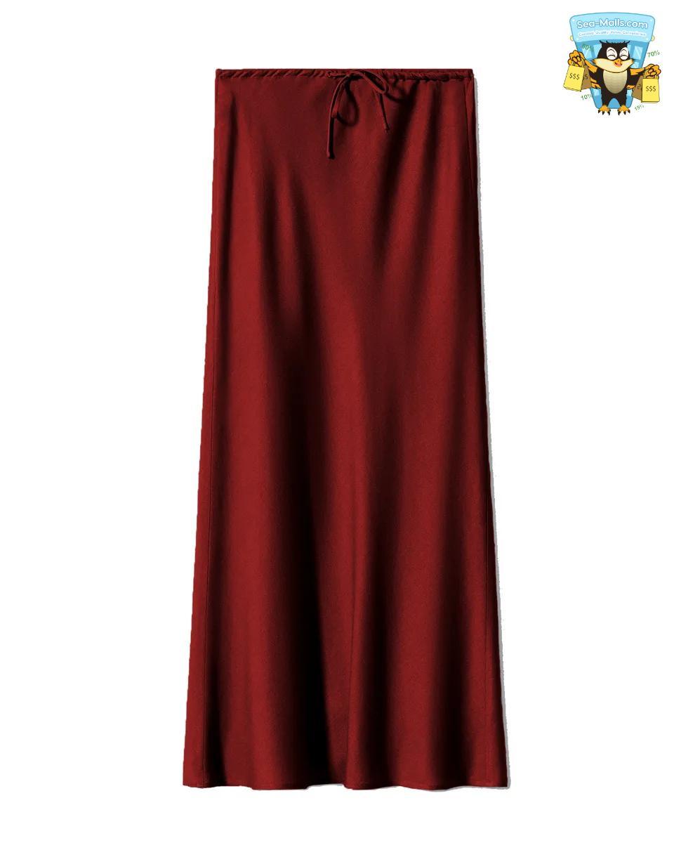 Solid Color Satin Long Skirt – High Waist Lace-Up A-Line Style