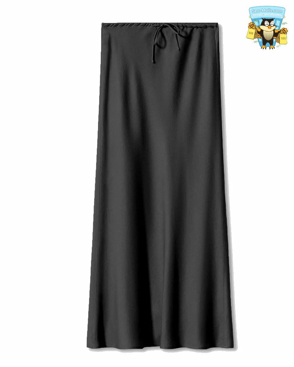 Solid Color Satin Long Skirt – High Waist Lace-Up A-Line Style