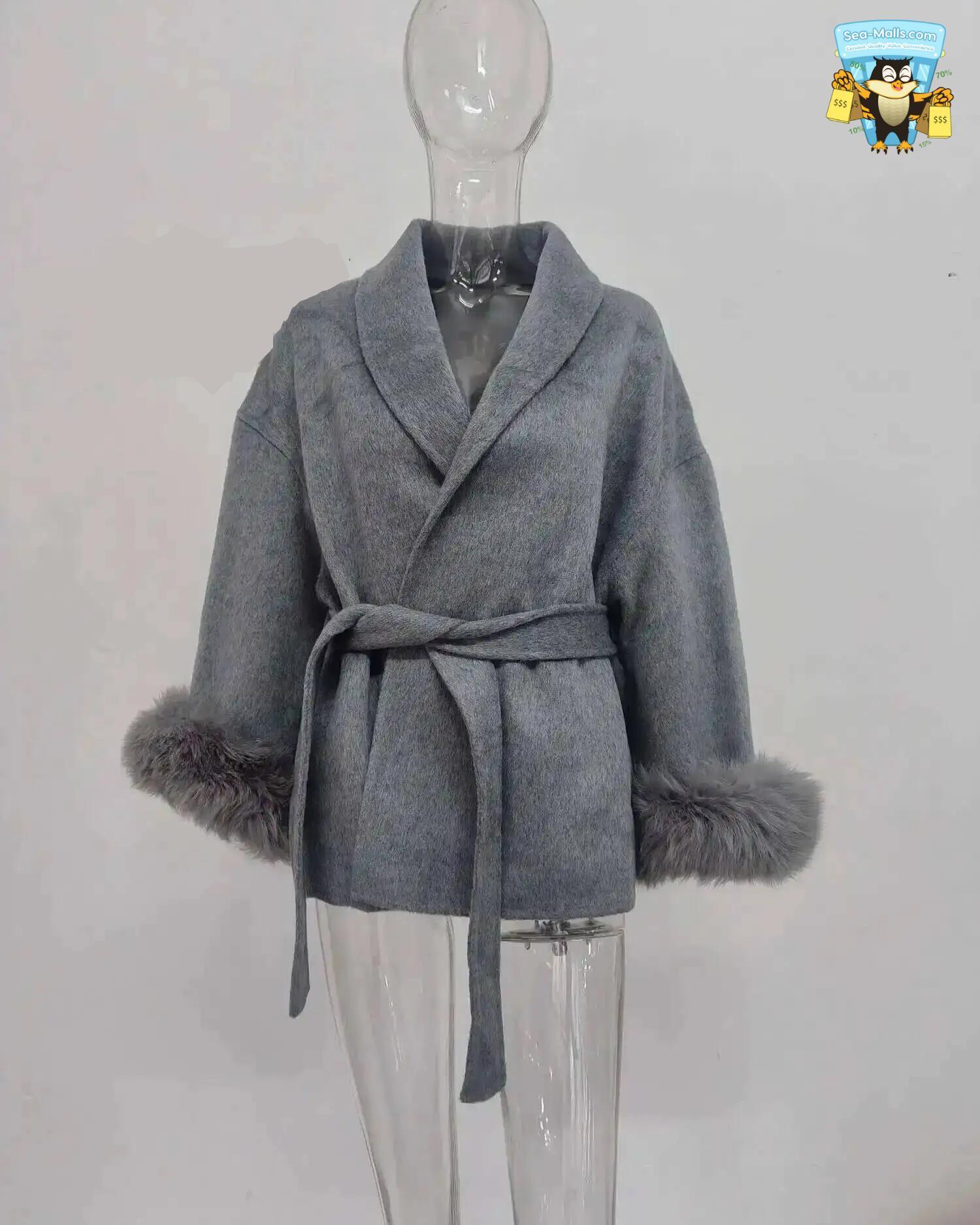 Women's Elegant Woolen Belted Coat with Fur Cuffs Long Sleeve Office Lady Overcoat