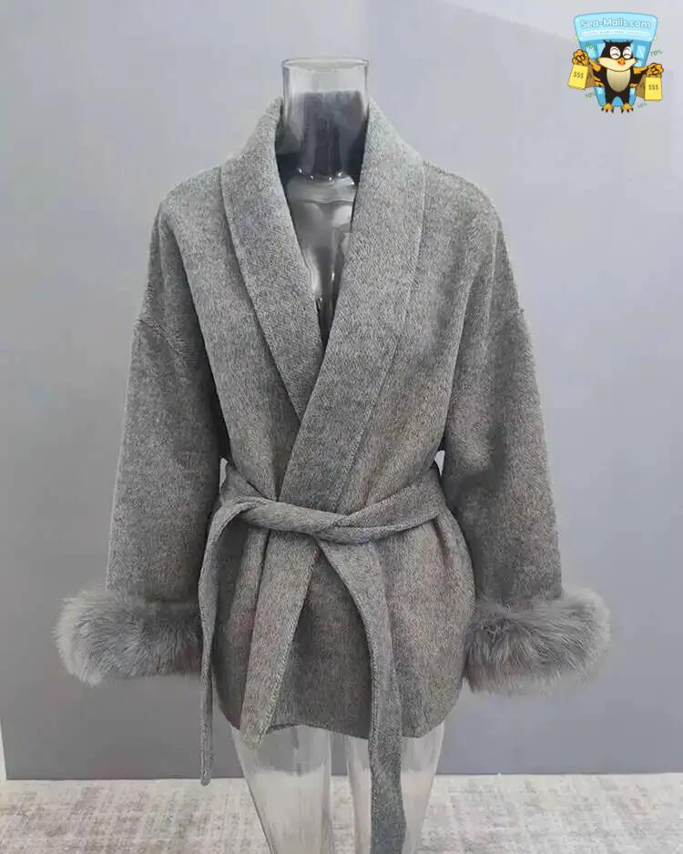 Women's Elegant Woolen Belted Coat with Fur Cuffs Long Sleeve Office Lady Overcoat