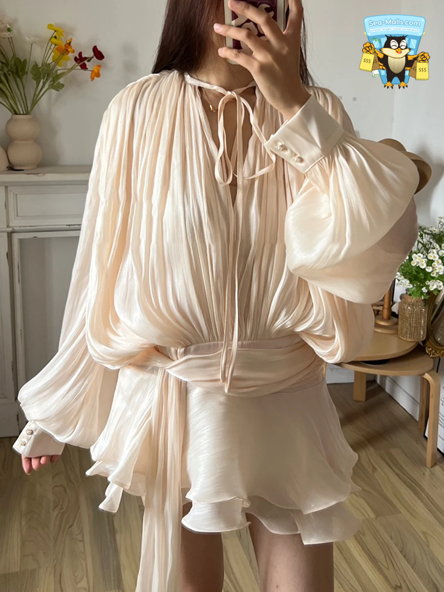 Chic Lace-Up V-Neck Mini Dress with Ruffle Hem & Tie Waist