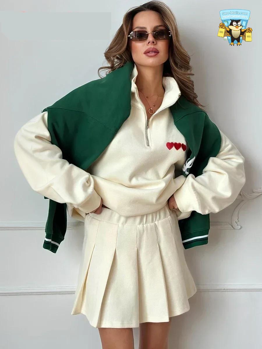 Women’s Summer Skirt Suit - Oversized Zipper Top & Pleated Mini Skirt