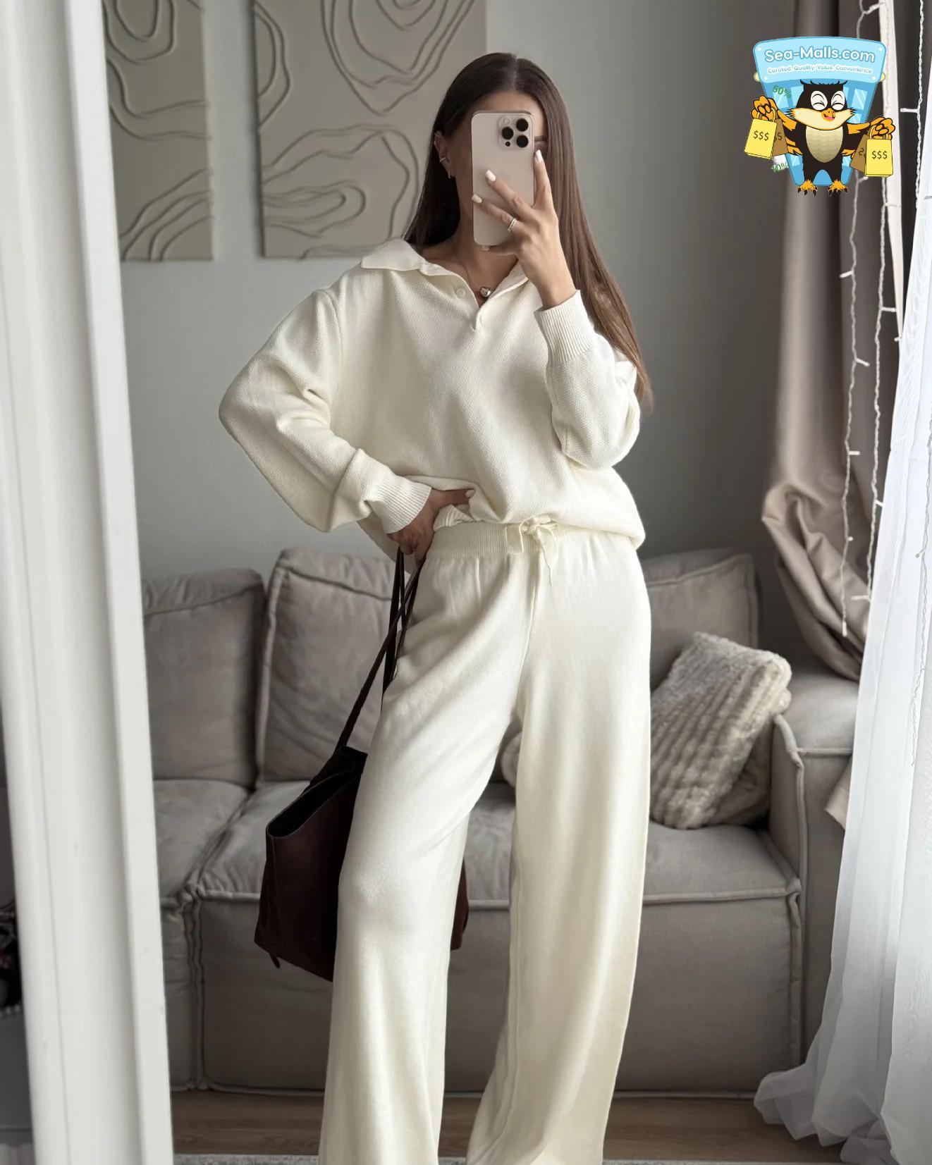 Winter Knitted Polo Sweater & Wide-Leg Pants Set for Women