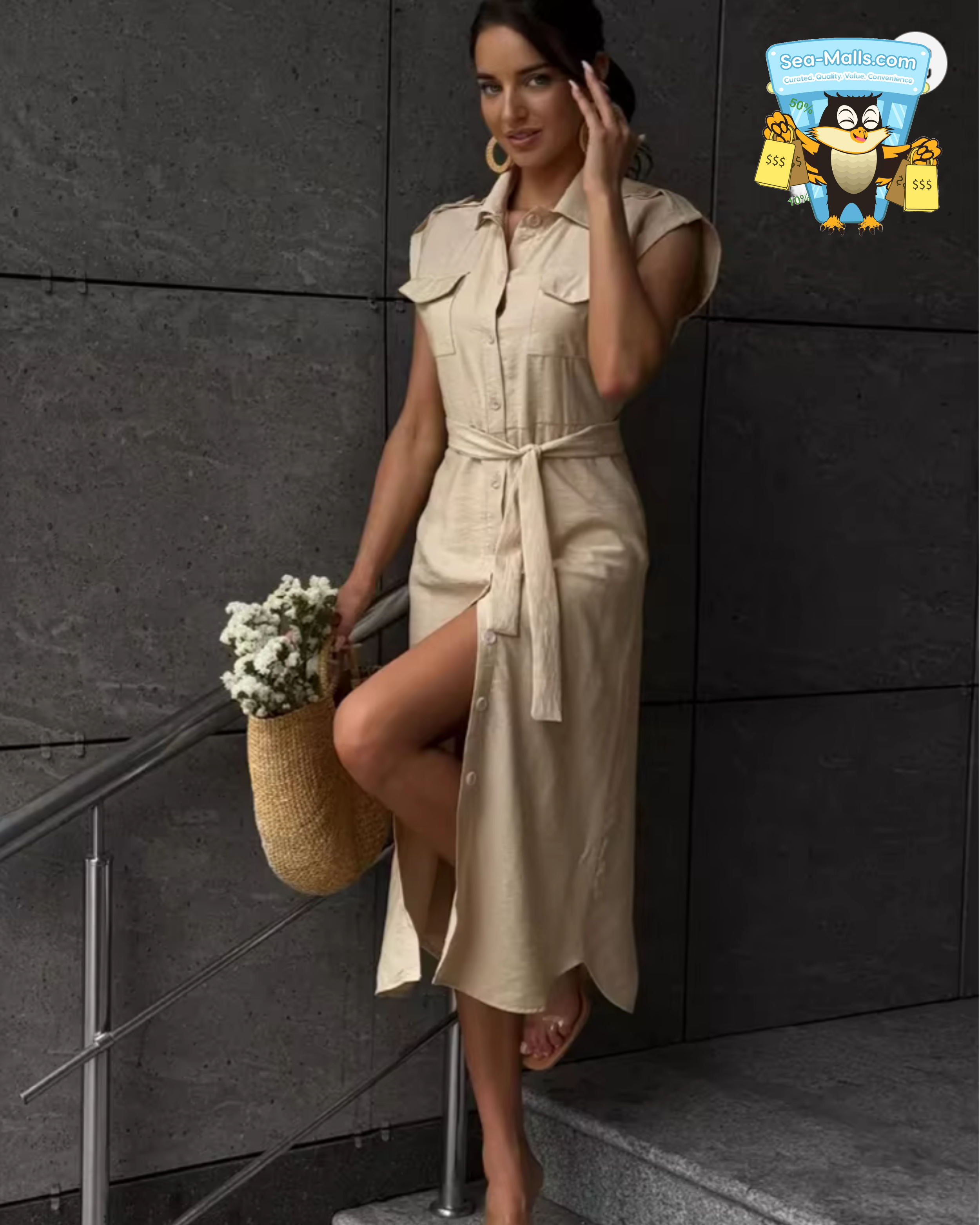 Vintage Turn-Down Collar Midi Dress with Sash