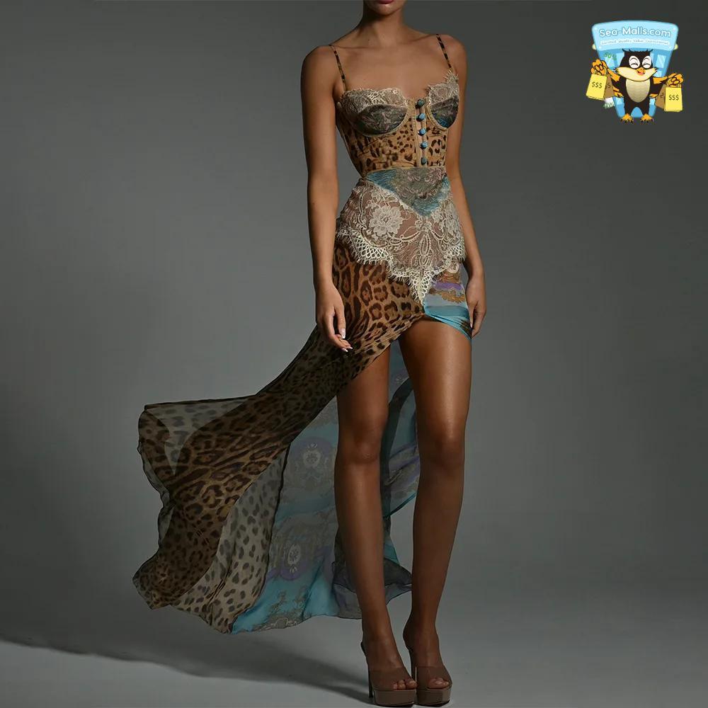 Leopard Print Maxi Dress Sleeveless Chiffon Gown with Asymmetrical Split