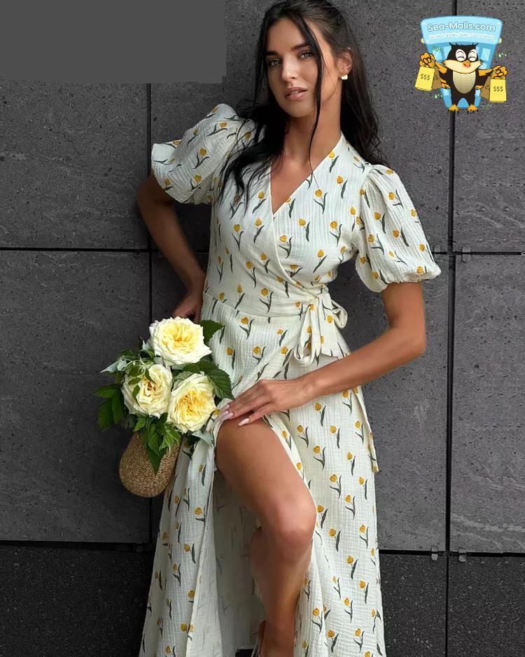 Cotton Floral A-Line Midi Dress V-Neck Puff Sleeve Summer