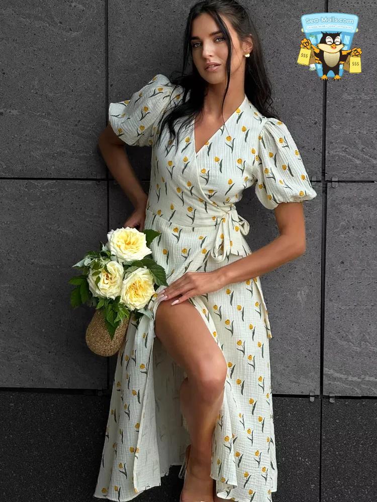 Floral Cotton Wrap Midi Dress Puff Sleeve A-Line Style with Side Slit