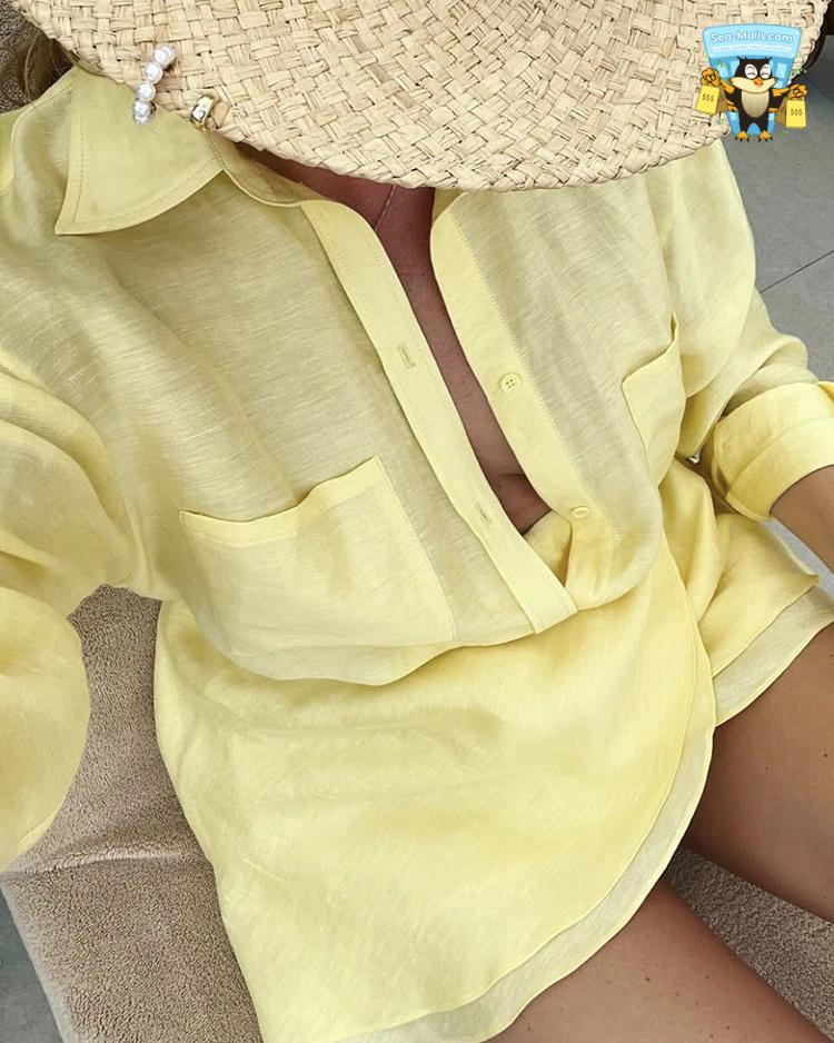 Casual Vacation Two-Piece Set Turn-Down Collar Shirt & Mini Skirt Suit