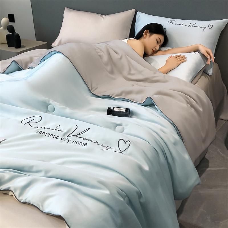 Grade A Washable Ice Silk Summer Quilt Set or 1 Pcs Quilt Skin-friendly  Air Conditioning Embroidered Comforter Summer Blanket
