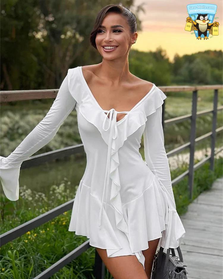 Ruffled Lace-Up V Neck Long Sleeve Summer Mini Dress