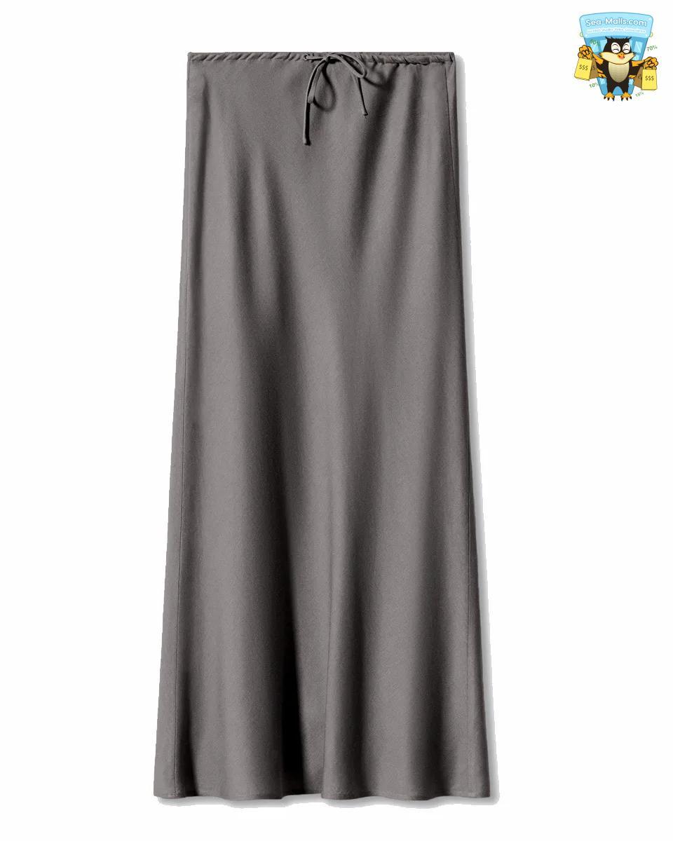 Solid Color Satin Long Skirt – High Waist Lace-Up A-Line Style
