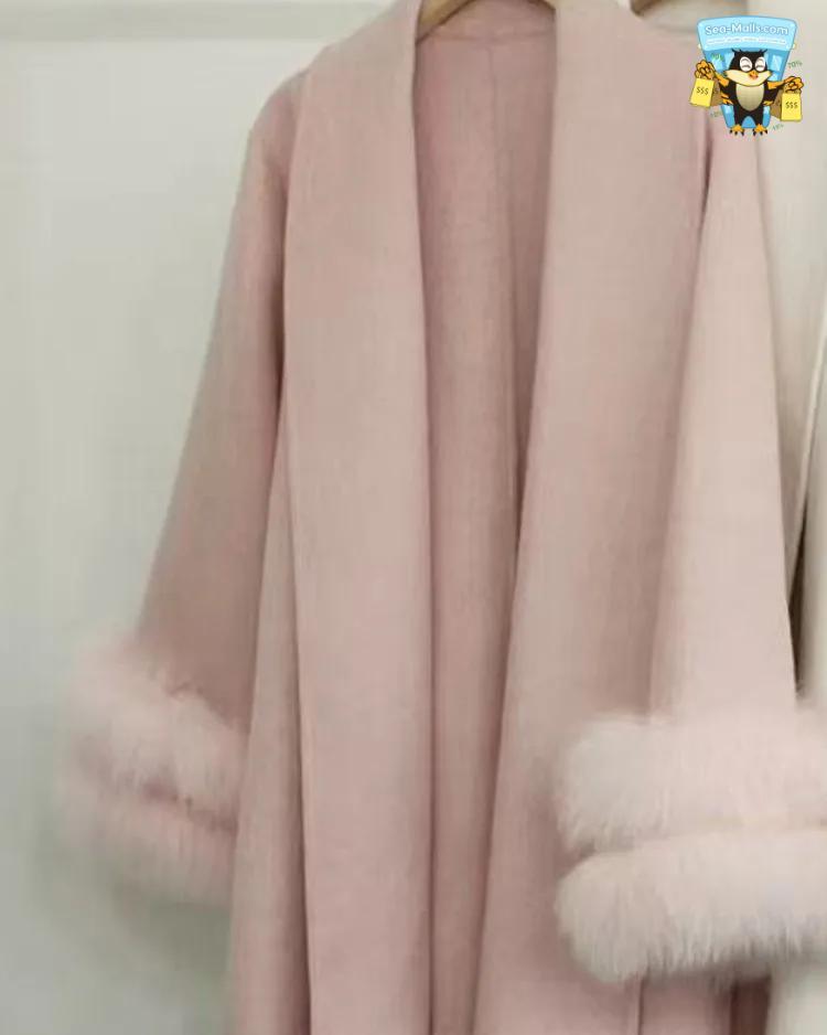 Women's Elegant Woolen Belted Coat with Fur Cuffs Long Sleeve Office Lady Overcoat