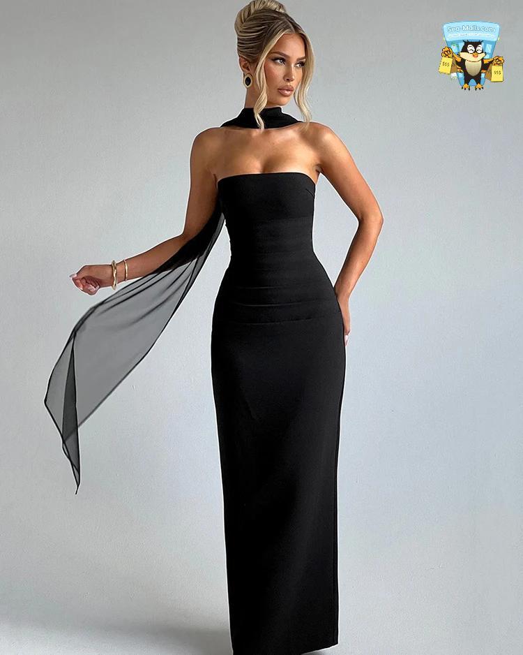 Lace Draped Ruched Maxi Halter Sleeveless Backless Dress