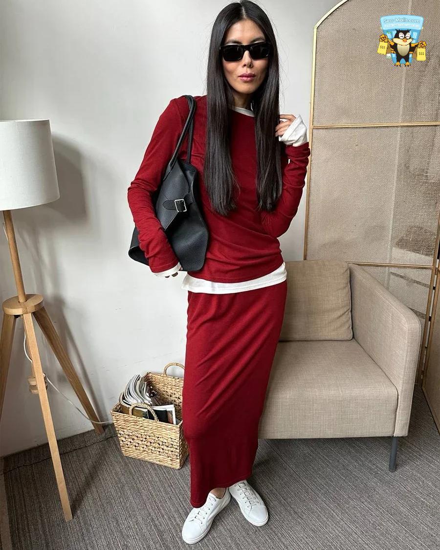 Modal Soft 2-Piece Women’s Set Long Sleeve Top & High-Waist Skirt Casual 2025