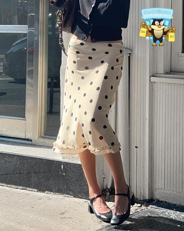 Polka Dot Beige Midi Skirt Lettuce Trim Streetwear Style