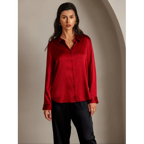  19Momme Silk Solid Color Basic Military Lapel Shirt