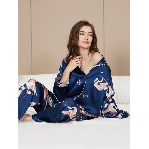 19Momme Pure Silk Printed Classic Binding Trim Womens Pyjama Set