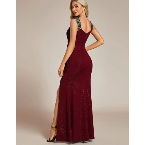 V Neck High Slit Evening Dress