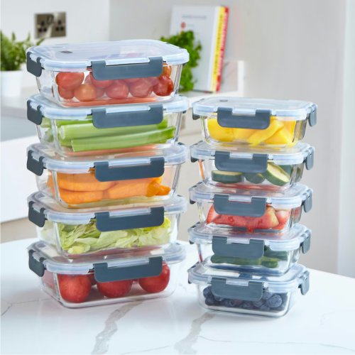 10 Glass Containers & 10 Lids Food Storage Set 10 Piece