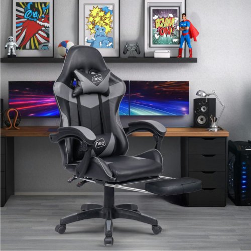 Grey/Black Massage Leather Gaming Chair with Footrest