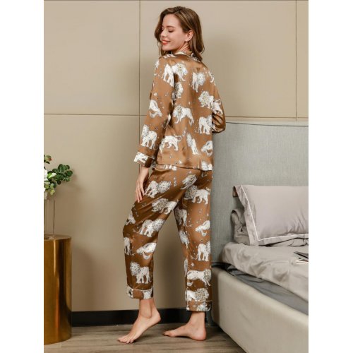 Clearance(UK Warehouse) -Lion Printed Luxurious Pure Silk Pyjama Set 