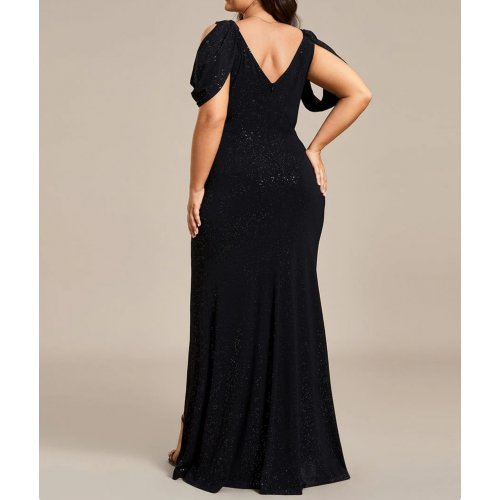 Cold Shoulder Glitter Backless Evening Dress with Shiny Belt(Final Sale)