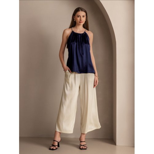19Momme Silk Solid Color Casual Smooth Wide Leg Pants 
