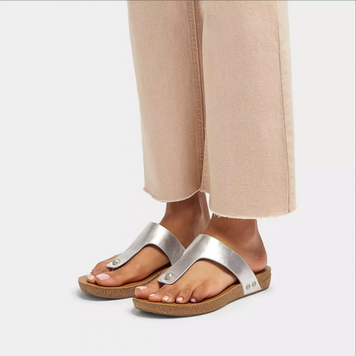 Metallic-Leather Toe-Post Sandals