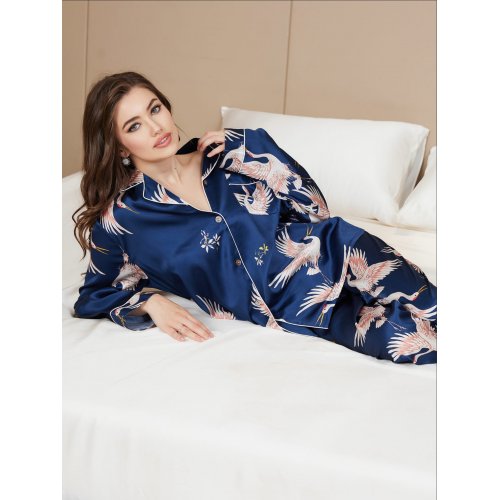 19Momme Pure Silk Printed Classic Binding Trim Womens Pyjama Set