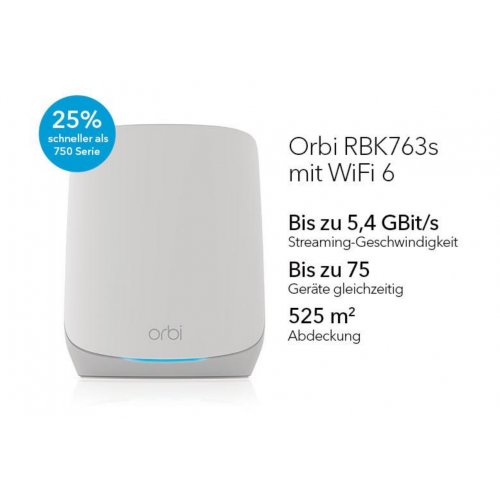 AX5400 WLAN Mesh System (RBK763S) NETGEAR OrbiTM ™Tri-Band WiFi 6 Mesh System, 5.4GBit/s, Router + 2 Satellites