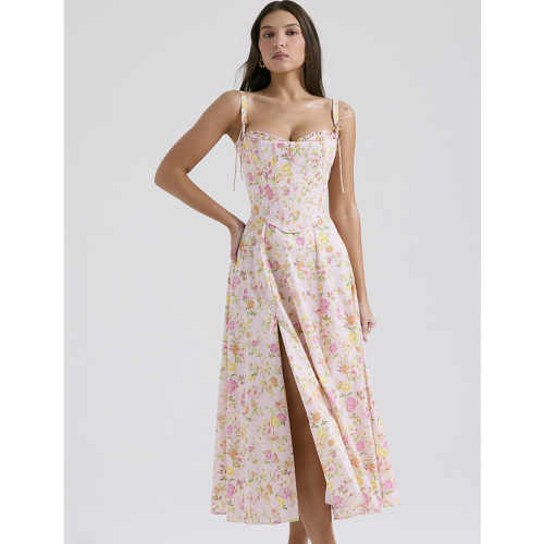  Floral Print Cami Corset A-Line Midi Dresses-Pink