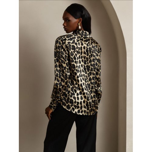 19Momme Silk Leopard Printed Basic Military Lapel Shirt 