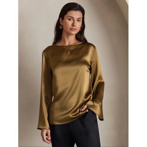 19Momme Silk Solid Color Casual Long-sleeved T-shirt