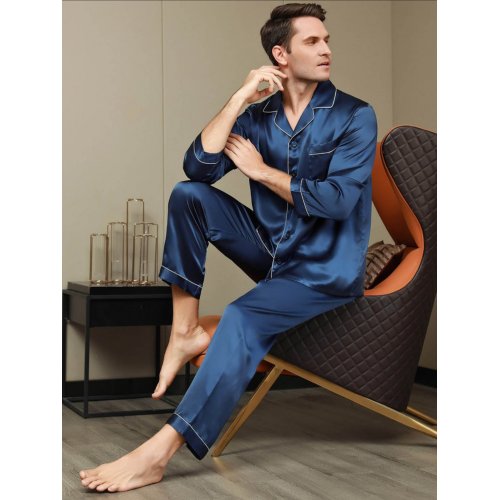 Pure Silk Men‘s Lapel Pyjama Set 2Pcs 