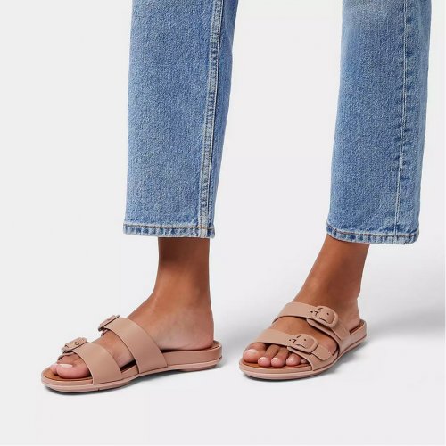 Buckle Two-Bar Leather Slides - Beige 